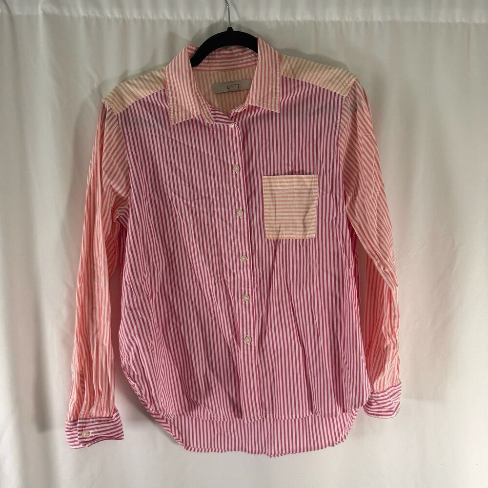 LOFT Blouse Women's Small Pink Orange Striped Long Sleeve Button Up Cotton Modal